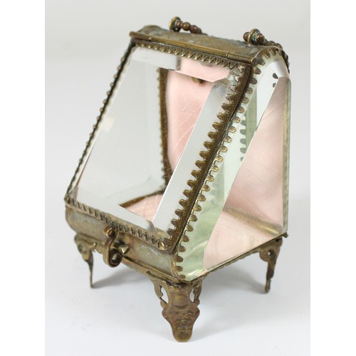 15 - A small metal and glass jewellery display case, with carry handle, 10cm