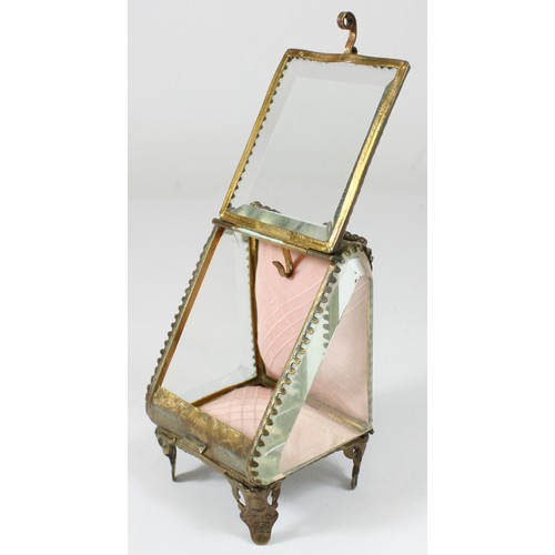 15 - A small metal and glass jewellery display case, with carry handle, 10cm