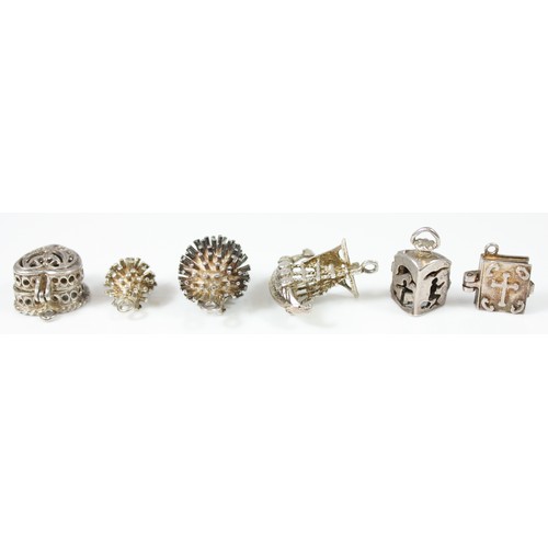 18 - Six unmarked 925 silver charms, to include a hedgehog and a ring box example
