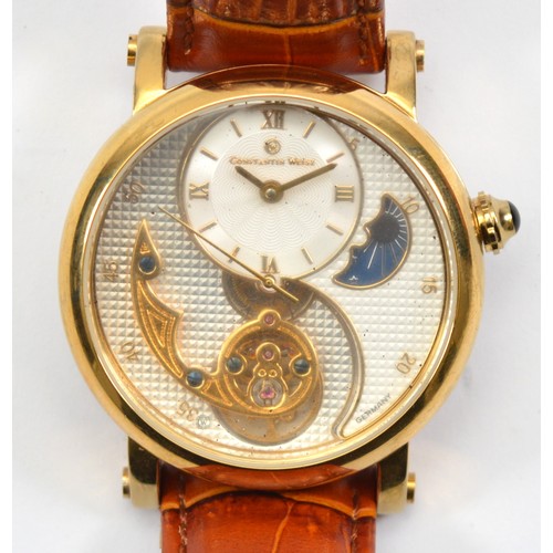 Constantin Weisz, a gold plated visible escapement, moon phase automatic gentleman's wristwatch, ref 11Z027CW, movement visible to reverse, original leather strap, diameter 42mm.
Not working when catalogued.