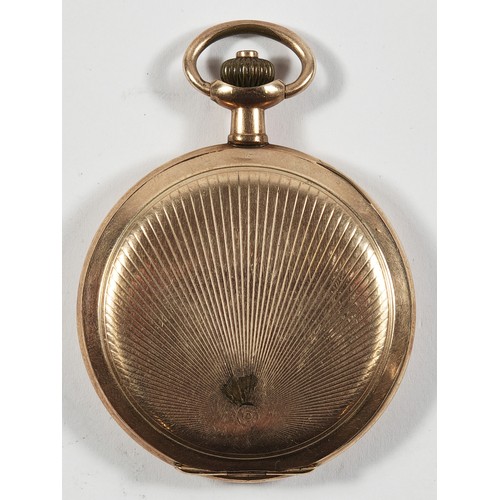 1 - Omega, a gold plated full hunter key-less wind pocket watch, white enamel dial with Arabic numerals,... 
