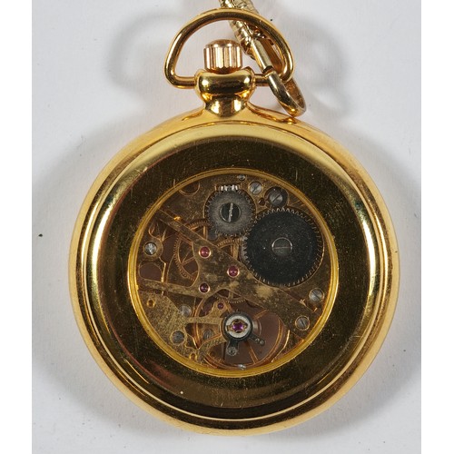 12 - A gold plated keyless wind open face double skeleton pocket watch, 40mm, works for a minute then sto... 