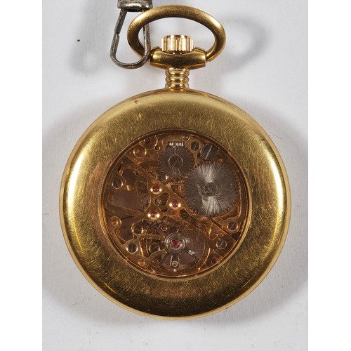 13 - A gold plated keyless wind open face double skeleton pocket watch, 40mm, works for 15 seconds then s... 