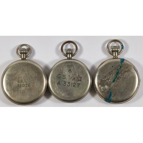 29 - Military, three open face key-less wind pocket watches including, Frenca, back case stamped 'G.S.T.P... 