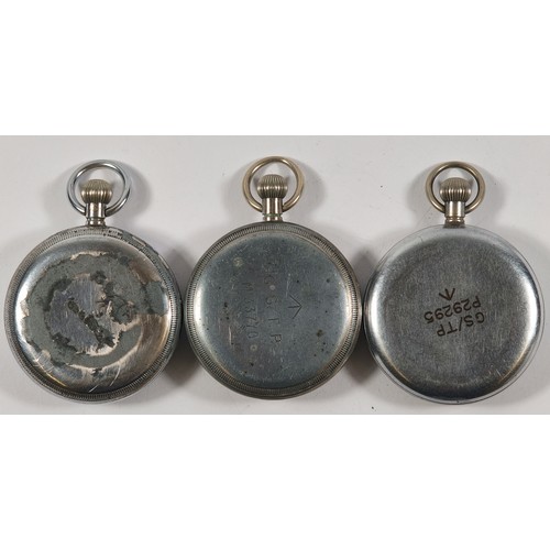 30 - Military, three open face key-less wind pocket watches including, Helvetia, back case stamped 'GS/TP... 