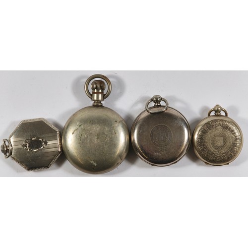33 - Four nickel plated open face pocket watches to include, Illinois Watch Co, Veritoff, Lawson 'Improve... 