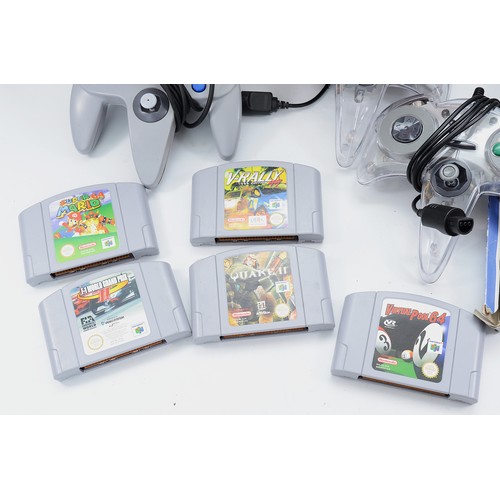 A boxed Nintendo 64 console with 4 controllers and 16 video games