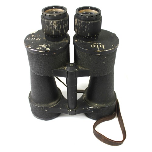 WWII German Third Reich 8x60 Kriegsmarine U-boat Commander's binoculars, by 'BLC' Carl Zeiss, marked 'T' for early war anti reflective lens coating, 'M IV' over Eagle with swastika acceptance stamp, 'M.S.S. 314' representing Marine Signal Station No.314, complete with its leather strap and patented '2079313'.