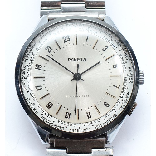 Raketa, a stainless steel manual wind gentleman's wristwatch, silvered dial with Arabic numerals, stainless steel bracelet, diameter 38mm.