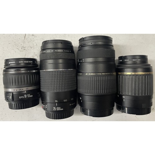 27 - A box of camera lens to include a Tamron 80-210mm 3.8-4 lens, a Canon EF 75-300mm 1:4-5.6 III lens, ... 
