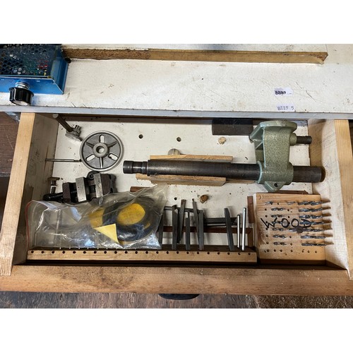 13 - An Elliott Unimat SL mini watchmakers lathe, with a drawer of accessories and cutting tools.