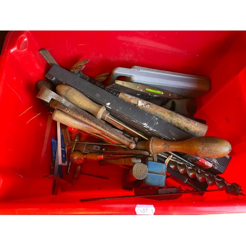18 - Two boxes of mixed hand tools to include, four oil cans, a joiners brace and boxed trestle dogs.