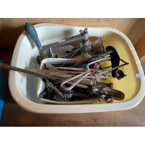 19 - A large quantity of mixed hand tools in four boxes, items to include, saws, an Elwell cleaver and pe... 