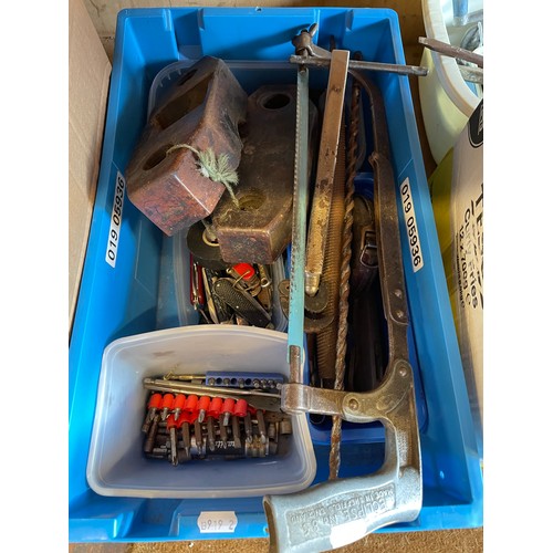19 - A large quantity of mixed hand tools in four boxes, items to include, saws, an Elwell cleaver and pe... 