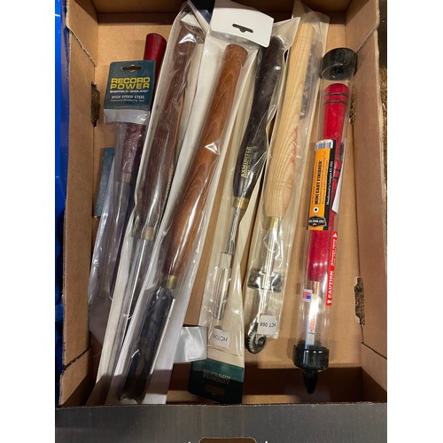 25 - One box of predominately wood turning tools including, chisels, gouges and coping saw, together with... 
