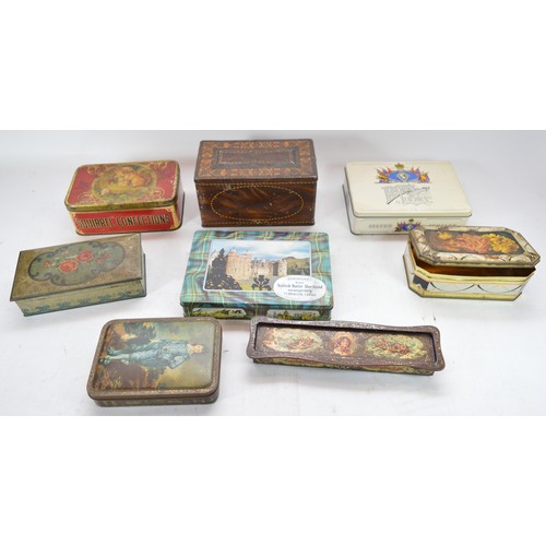 58 - A box of mixed tins and boxes to include, a Liptons Empire exhibition tin from 1924, a Halls toffee ... 
