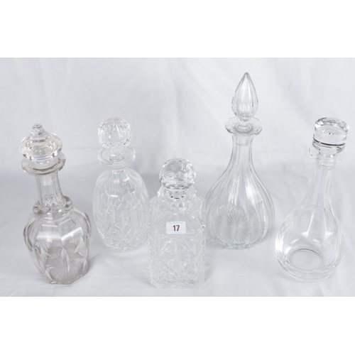 17 - FIVE CUT GLASS CRYSTAL DECANTERS