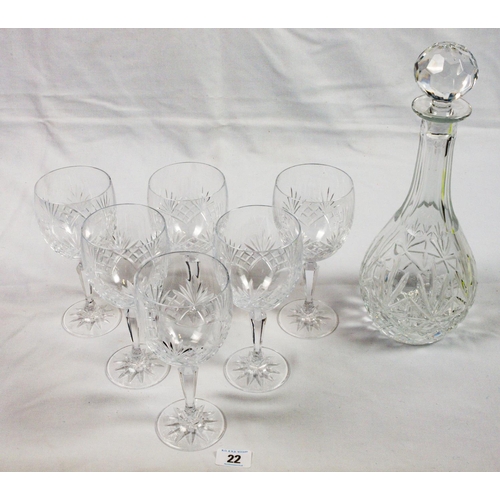 22 - SUITE 6 EDINBURGH CRYSTAL WINE GLASSES & A DECANTER