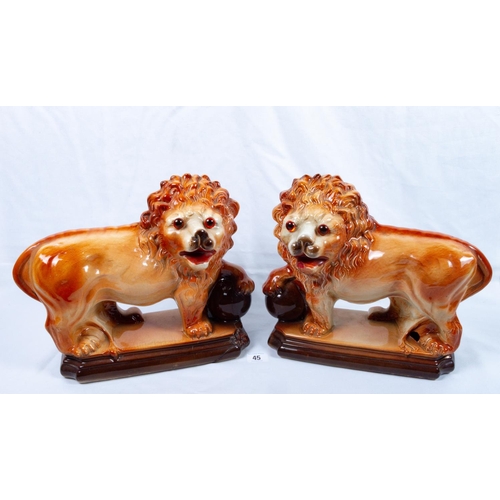 45 - PAIR VICTORIAN STAFF' LIONS A/F