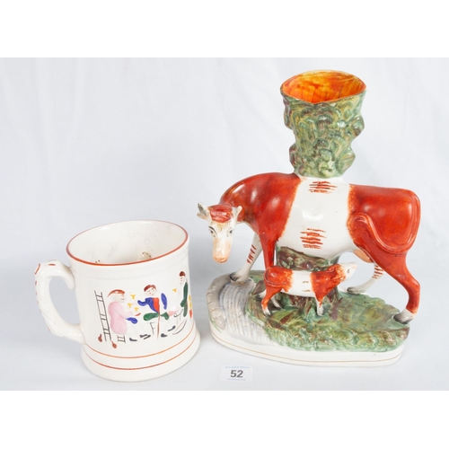 52 - STAFFS' COW FLATBACK SPILL VASE A/F & A VINTAGE FROG MUG