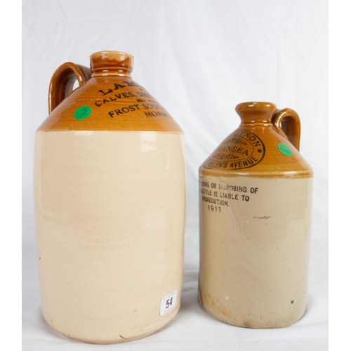 54 - TWO STONEWARE FLAGONS MONMOUTH & SWANSEA BOTH A/F