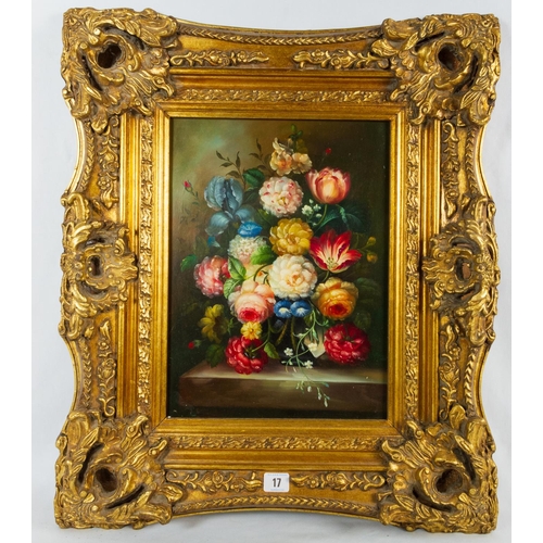 17 - PAIR STILL LIFE OIL ON BOARD IN ORNATE GILT FRAMES 66 X 56CM