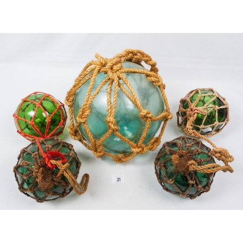 31 - FIVE VINTAGE GLASS FISHING FLOATS