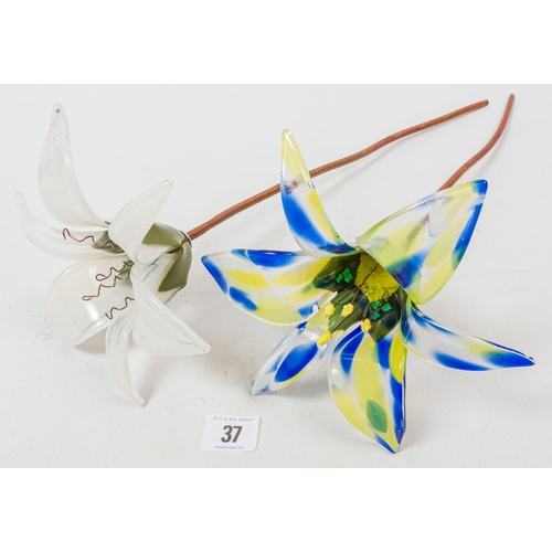 37 - TWO STUDIO ART GLASS COPPER STEM FLOWERS 45CM