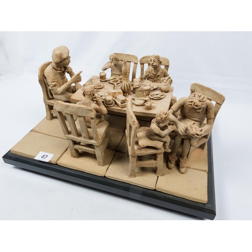 47 - PHYLLIS LEWIS STUDIO POTTERY SCULPTURE 'FAMILY SUPPER' 42CM X 33CM