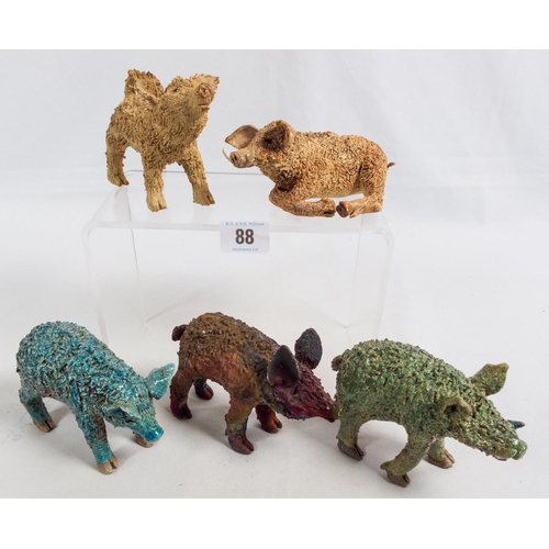 88 - FIVE STUDIO POTTERY WILD BOAR FIGURES