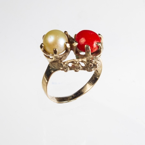 119 - CONT' 14CT GOLD PEARL & CORAL RING SIZE I 2.5G