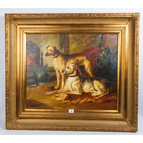 16 - MODERN OIL ON CANVAS SIGNED A BRATTON DEERHOUNDS IN GILT FRAME 73 X 83CM