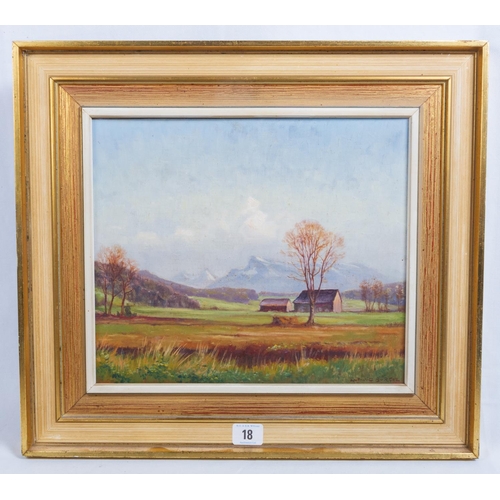 18 - LUDWIG BURGEL (AUSTRIAN 1901 - 1972) OIL ON BOARD LANDSCAPE 42 X 47CM