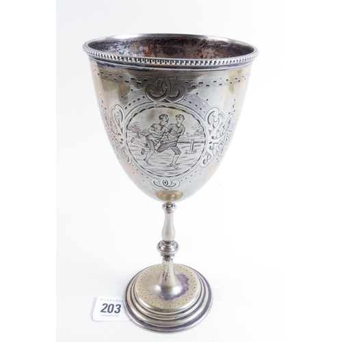 203 - VICT' SILVER PLATED TROPHY CUP ENGRAVED WITH RUNNERS BY JAMES DIXON