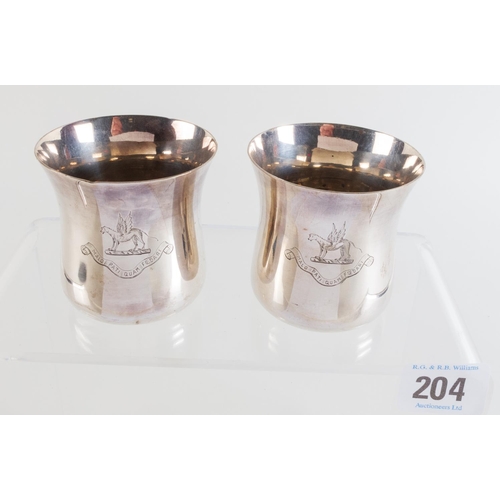 204 - PR SILVER PLATED STIRRUP OR KIDDISH CUPS WITH ENGRAVED FAMILY CREST