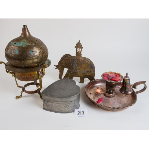 217 - INDIAN BRASS BURNER CHAMBERSTICK ETC