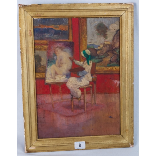 8 - OIL ON CANVAS EARLY 20TH CENTURY PORTRAIT OF A LADY PAINTING IN A GALLERY, UNSIGNED, MARKED 'SALE RU... 