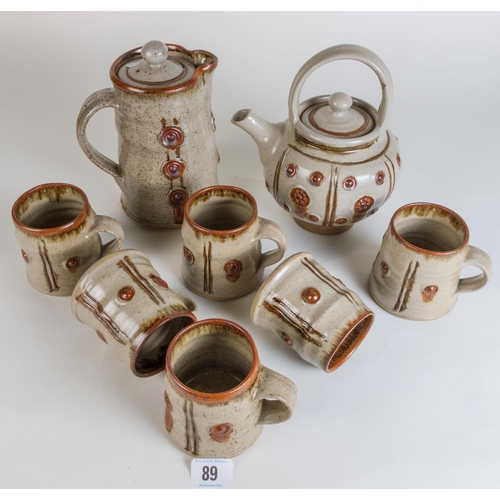 89 - TREVOR NICKLIN STUDIO POTTERY TEAPOT COFFEE POT & 6 MUGS