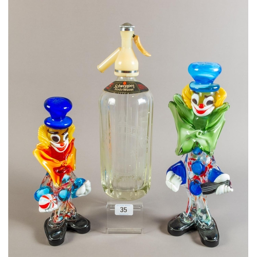 35 - TWO MURANO GLASS CLOWNS (1 A/F) & SODA SYPHON