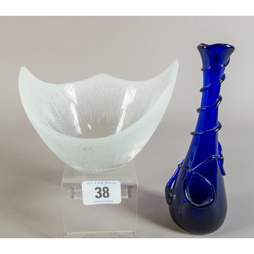 38 - STUDIO ART GLASS BOWL WITH INDISTINCT SIGNATURE & SIGNED BRISTOL BLUE TRAIL VASE