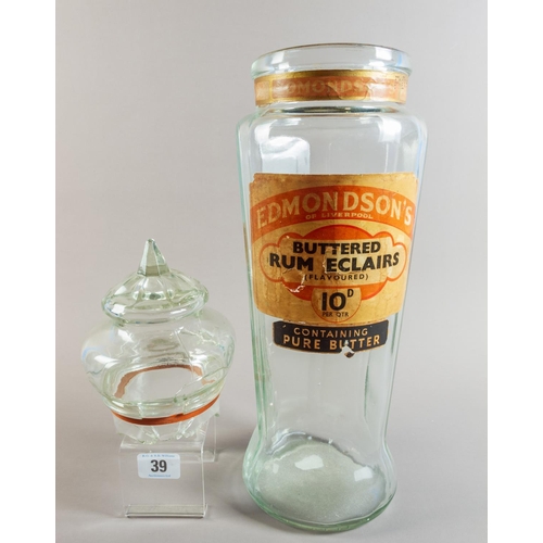 39 - 1930s GLASS SWEET JAR (LID A/F) 46CM