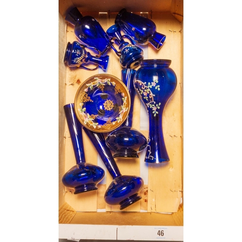 46 - BOX BLUE GLASS VASES ETC