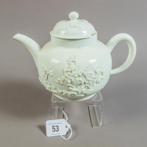 53 - BOW CHINA WORKS BLANC DE CHINE TEAPOT & COVER WITH RAISED PRUNUS PATTERN c 1750 A/F