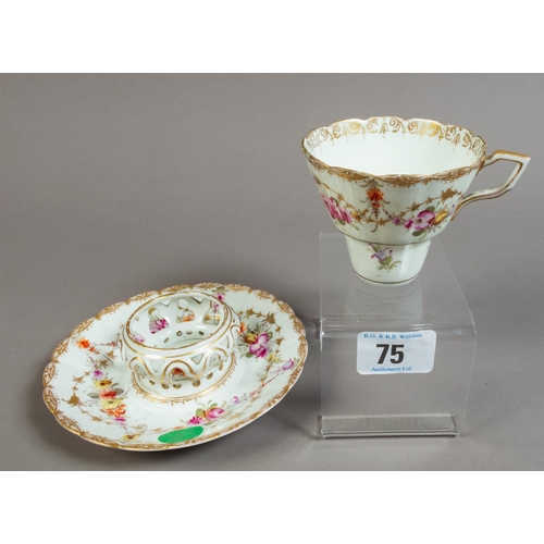 75 - DRESDEN FLORAL CUP ON PIERCED CAGE SUPPORT SAUCER