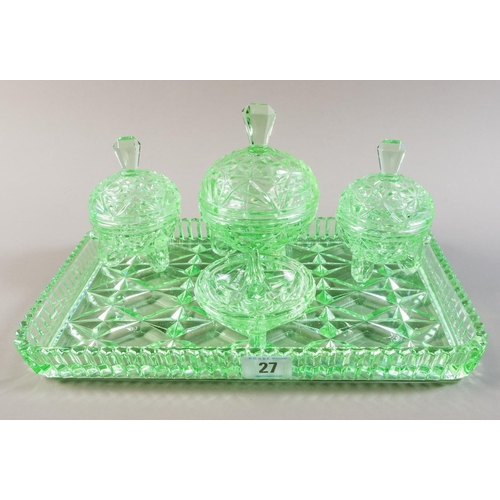 27 - ART DECO GREEN GLASS DRESSING TABLE SET