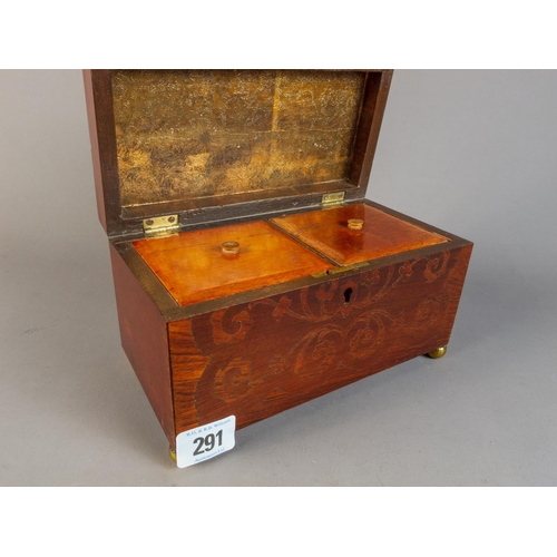 291 - MAHOGANY INLAID TEA CADDY ON BRASS BUN FEET