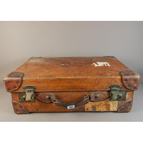 301 - LEATHER SUITCASE FROM ARMY & NAVY STORES D'OLIER HOUSE DUBLIN EMBOSSED TO TOP A F ATTWOOD ROYAL FUSI... 