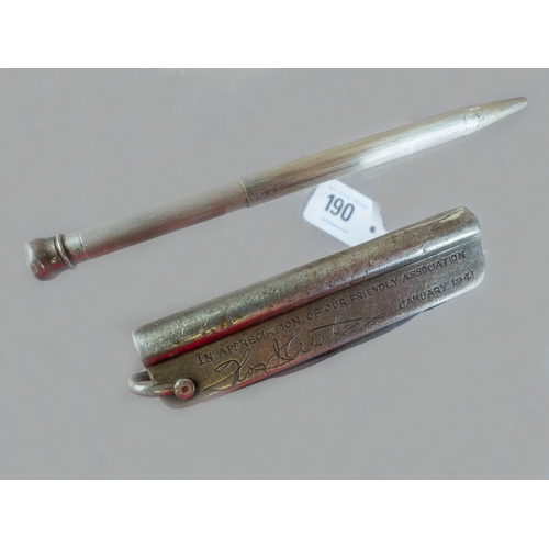 190 - PRECIOUS METAL COMBINAION PENKNIFE & PENCIL DATED 1941