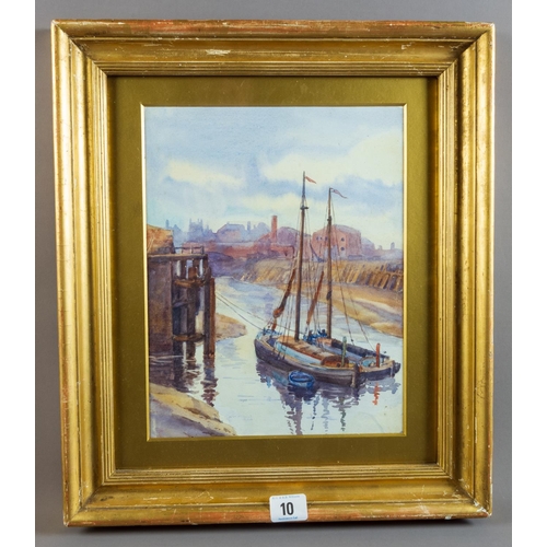 10 - TURN OF THE CENTURY WATERCOLOUR MOORED BOATS MARKED VERSO RACHEL BARCLAY? 1907 42CM  X 37