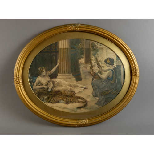 2 - PAIR HAND COLOURED ETCHINGS OR MEZZOTINTS IN OVAL GILT FRAMES 45 X 55CM